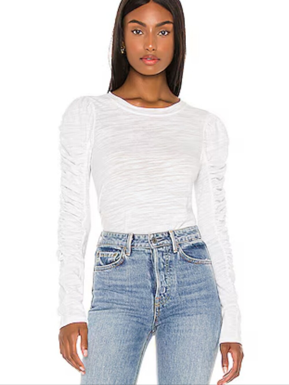 We The Free People Natasha Long Sleeve Tee In White XS Slub Jersey Ruched Sleeve